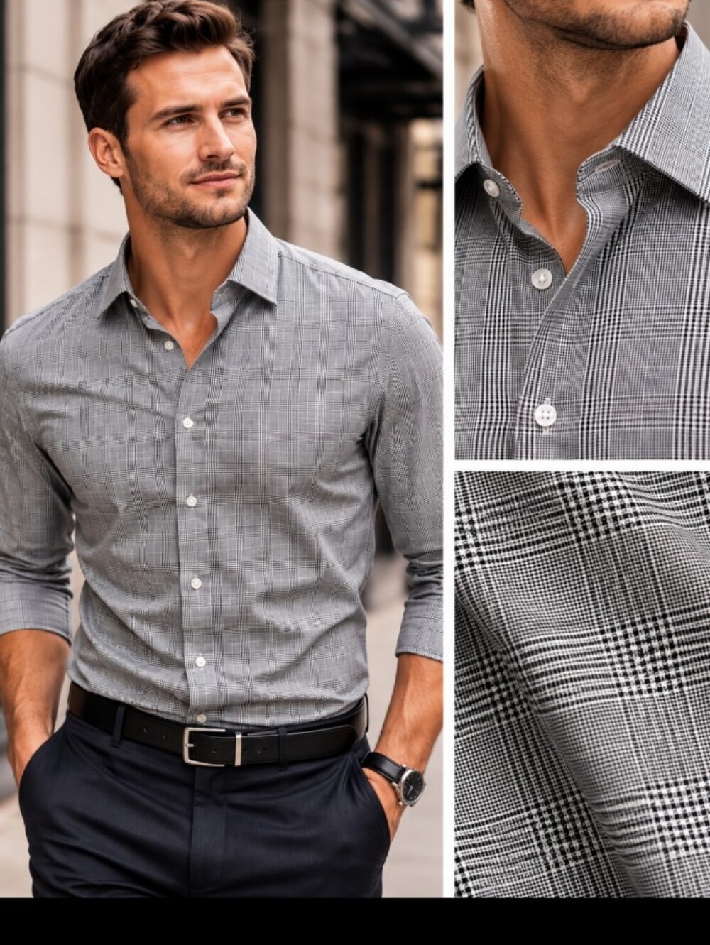Kenneth Cole Reaction Men's Slim Fit Shirt - Black & White Glen Plaid Medium